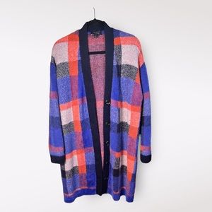 ANN TAYLOR Plaid Jacquard Boyfriend Cardigan Sweater Sz Small Purple Orange